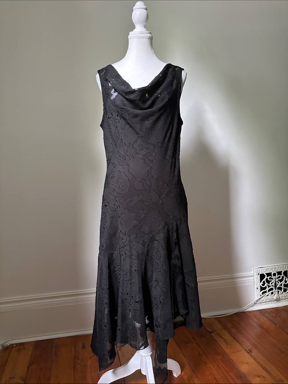 CONNECTED APPERAL Black Lace Cowl Neck Asymmetrical Whimsigoth Midi Dress Sz 12